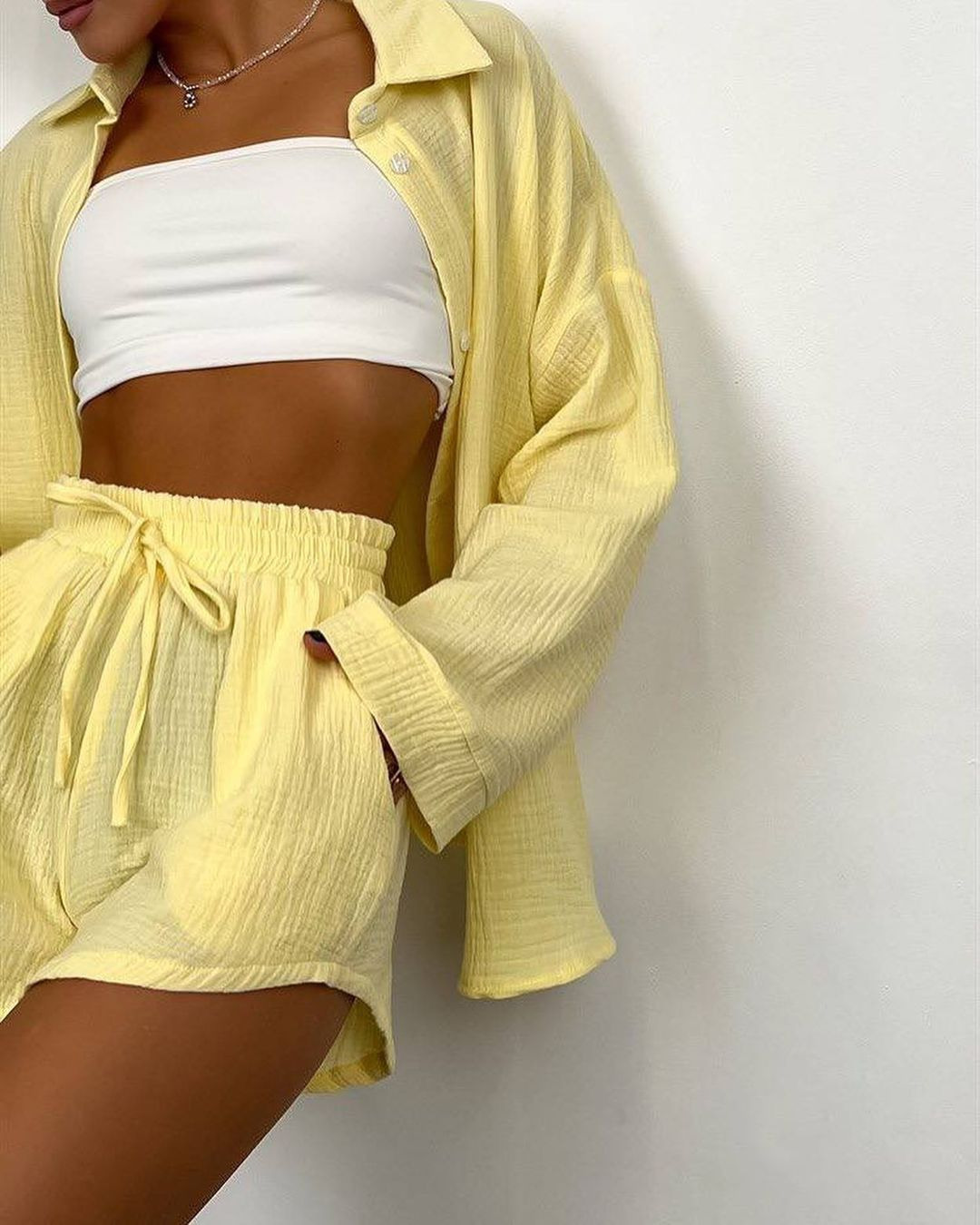 Damen Hemdbluse Und Shorts Set Aus Reiner Baumwolle_voghion.com