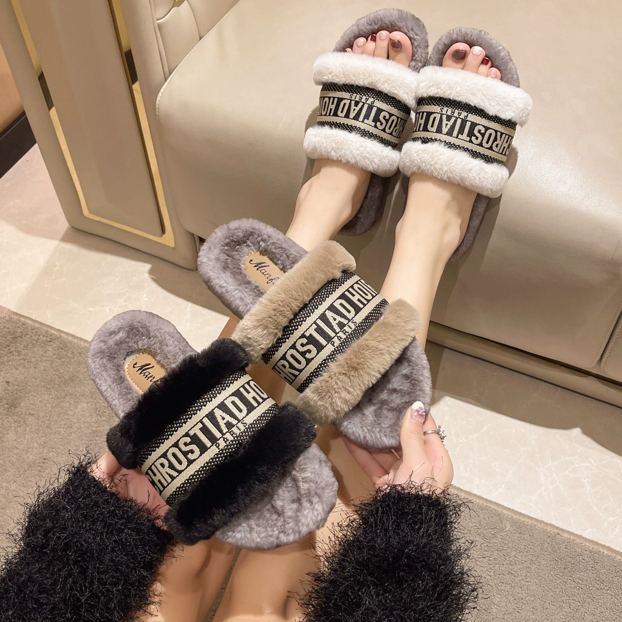 Шерстяные тапочки с открытыми пальцами 2023 дамы осенью и зимой 3 см носить дома, чтобы согреться
