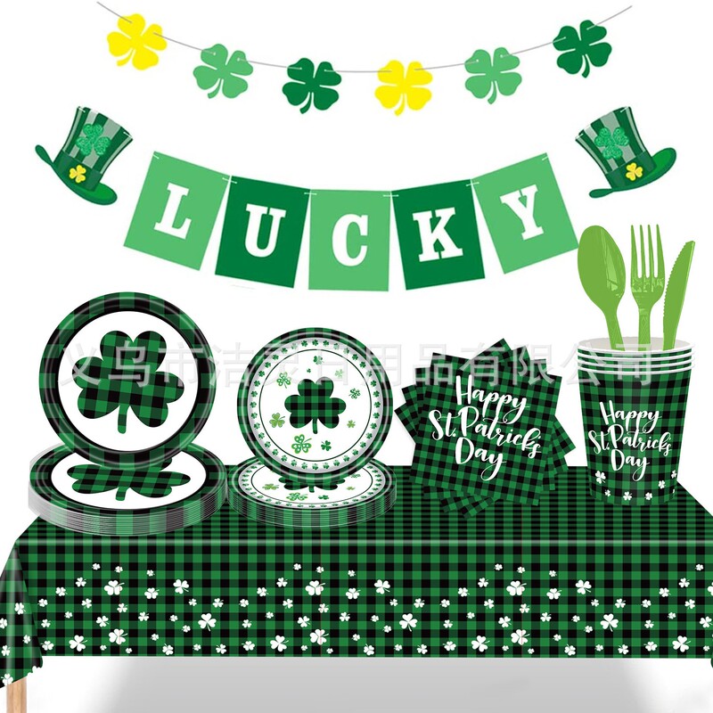 Cross-Border Clover Saint Patrick's Green Plaid Theme Disposable Paper Plates, Paper Cups, Paper Towels, Party Decoration Supplies Cross-Border Clover Saint Patrick's Green Plaid Theme Disposable Paper Plates, Paper Cups, Paper Towels, Party Decoration Supplies
