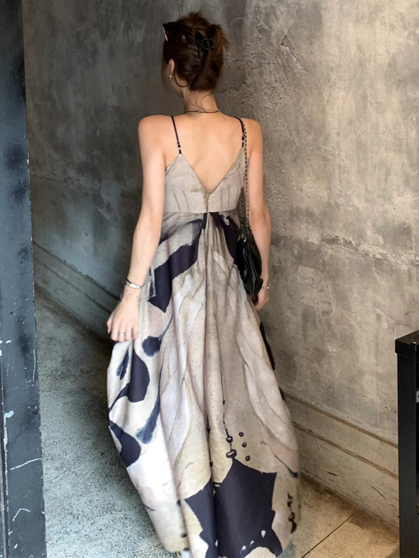 油画设计感国风晕染吊带连衣裙细肩带优雅长裙女|undefined