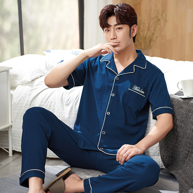 Pijamas pantalones de manga corta para hombres algodón verano delgado cardigan solapa ropa para el hogar más traje de tamaño