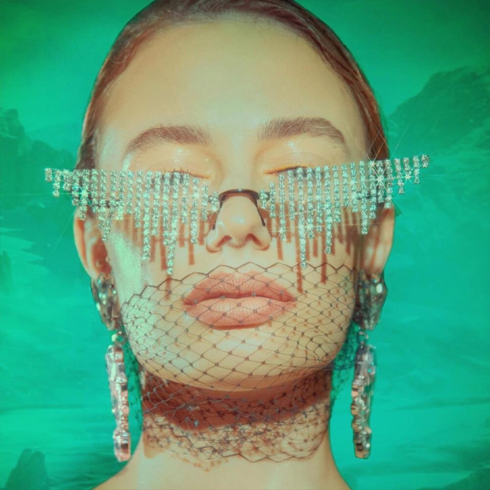 2023 nuevo rhinestone gafas marco personalidad europea y americana hip hop estilo borla cara joyería danza accesorios cadena