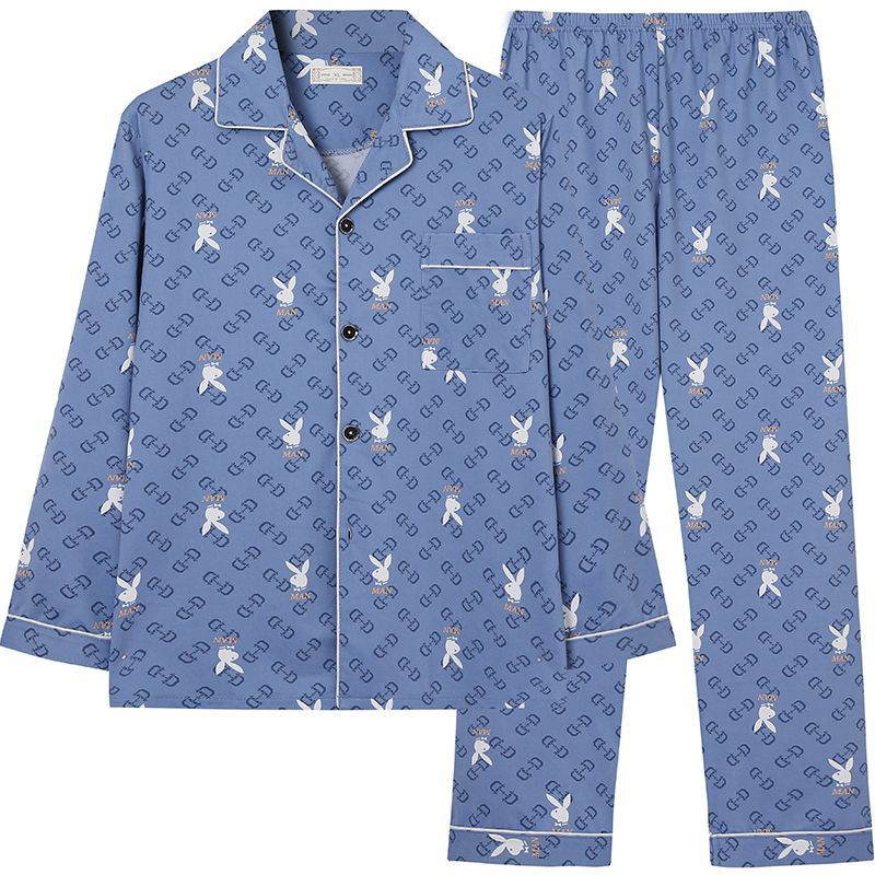Pijamas pantalones de manga larga para hombre primavera y otoño verano más tamaño % Algodón puro verde de mediana edad cardigan homewear traje de dos piezas