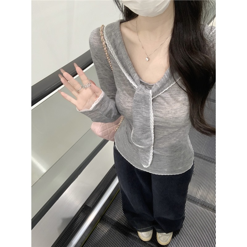 现货实拍 秋季韩版学院风海军领绑带修身减龄显瘦长袖T恤打底上衣|undefined