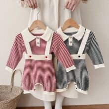 婴幼儿背带裤+上衣套装春秋男女宝宝纯棉经典条纹两件套