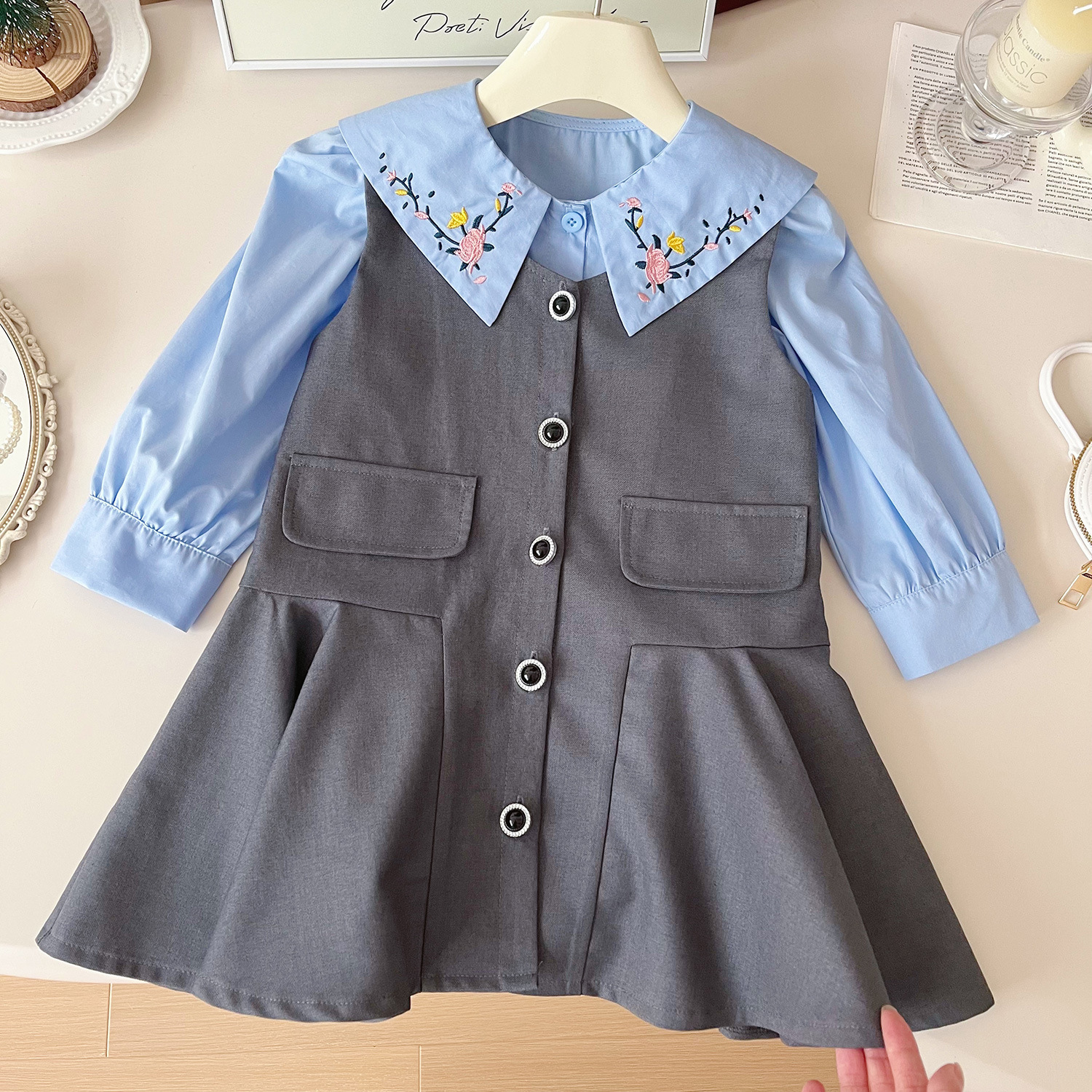 Mädchen Set Aus Langarmhemd Mit Revers Weste Und Rock Für Kinder_voghion.com