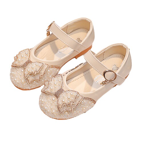Girls' leather shoes with bows, shiny rhinestone pearl fairy princess shoes, little girls' fashionable children's sequined shoes
