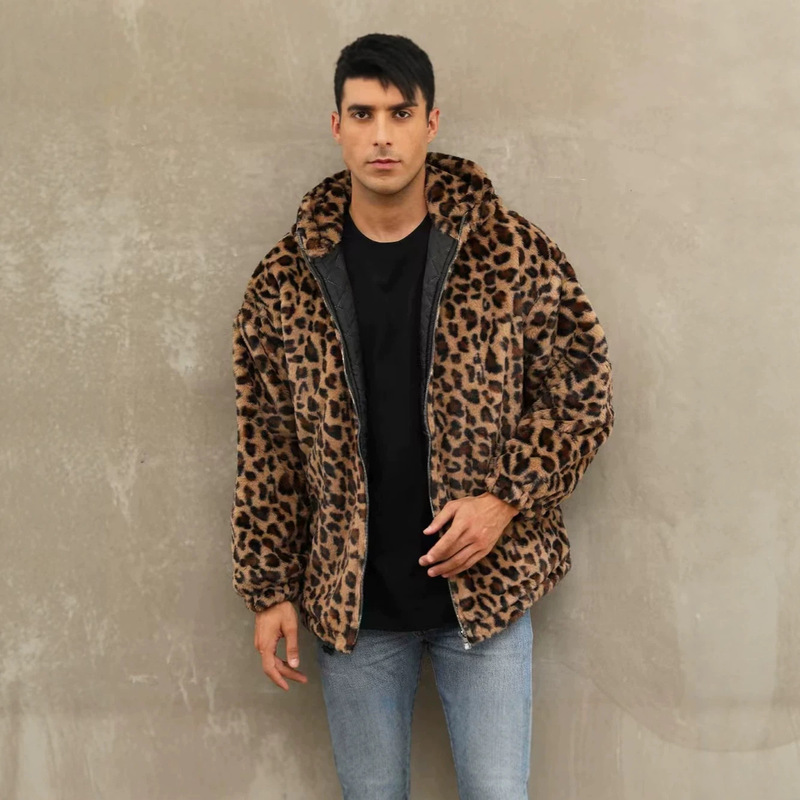 European and American Cross-Border Popular Men's Faux Fur Leopard Print Hooded Jacket, Loose Fit, Warm and Thick Leopard Print Plush Jacket