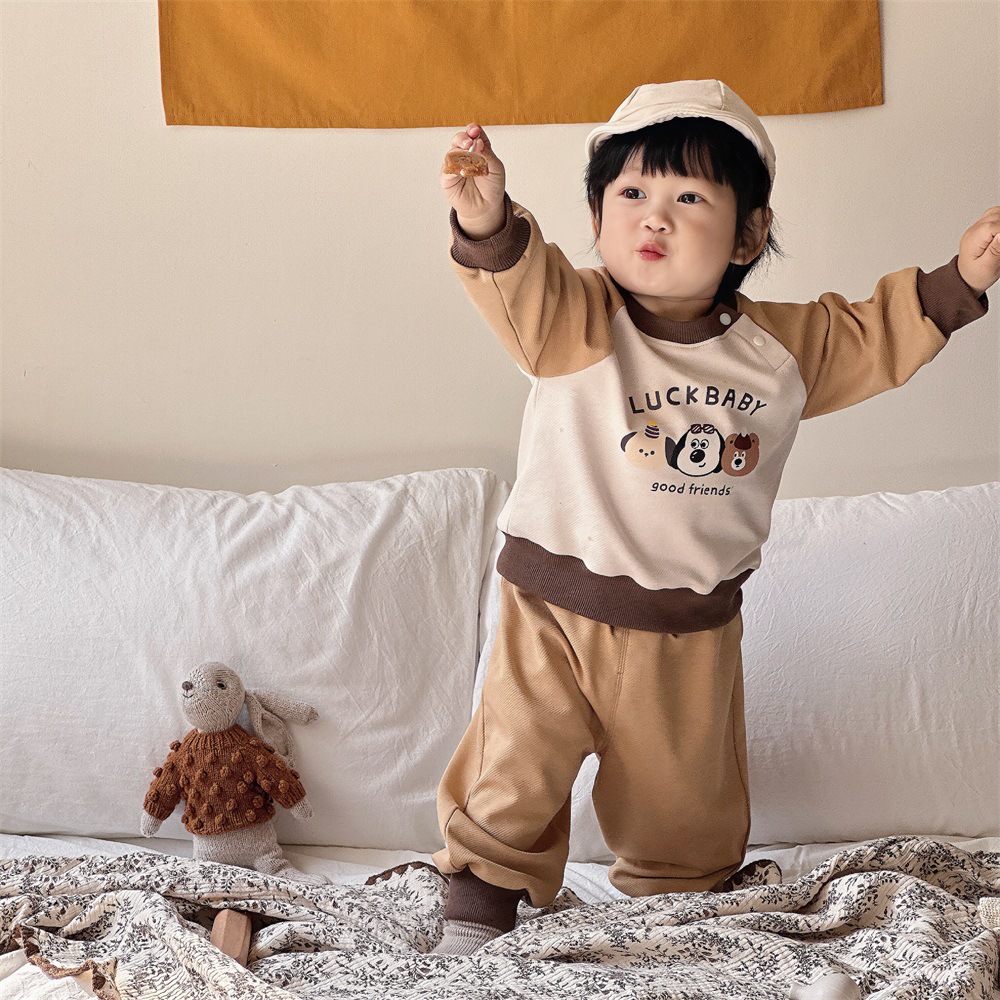 Niños primavera y otoño nuevo estilo 2025 suéter suéter pantalones traje niños coreanos de dos piezas de dibujos animados estilo de moda ropa de salida