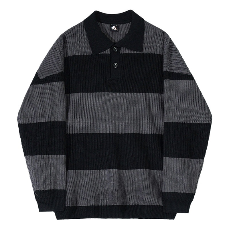 MYQ contraste de color rayas Polo suéter de los hombres de primavera y otoño estilo coreano de moda suéter de solapa suelta casual top
