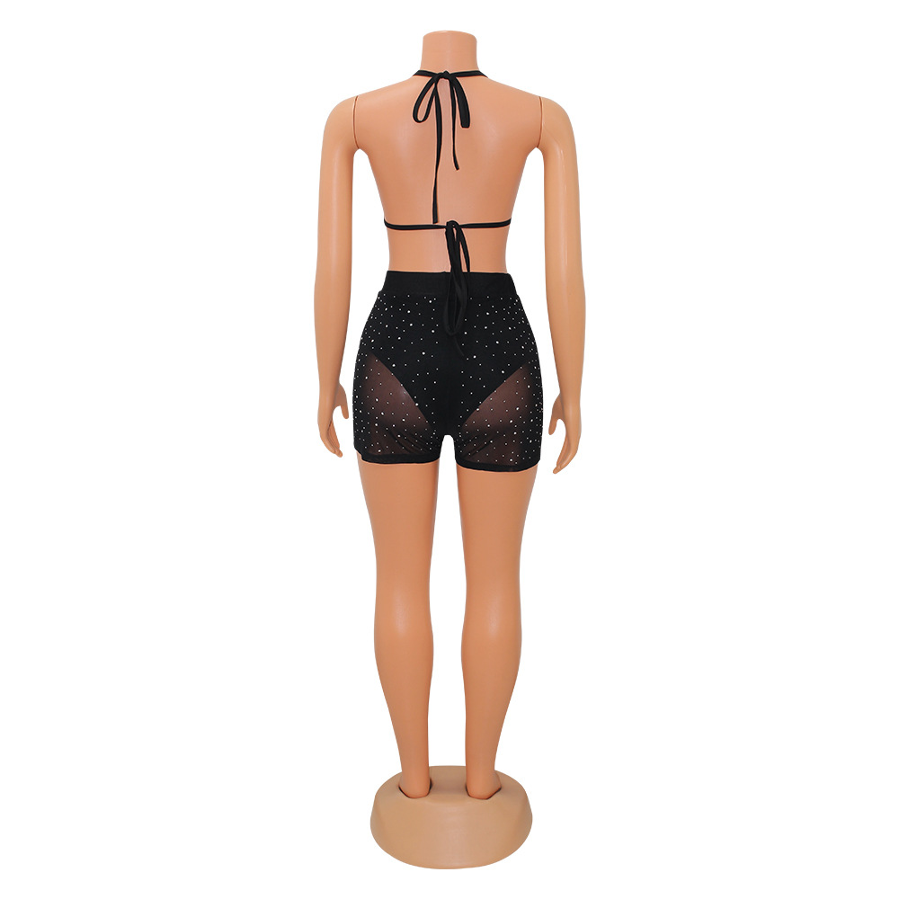 Women Clothing Sexy Tight Mesh See-through Drilling Two-Piece Set for Women