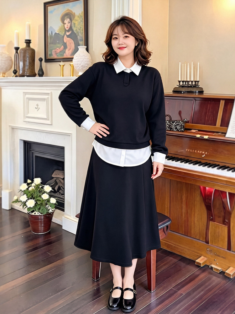 130-320 Plus Size Women's Sweatshirt and Skirt 2026 Spring and Autumn New Style for Slightly Chubby Girls, Elegant and Fleece-Lined Two-Piece Set 130-320 Plus Size Women's Sweatshirt and Skirt 2026 Spring and Autumn New Style for Slightly Chubby Girls, Elegant and Fleece-Lined Two-Piece Set