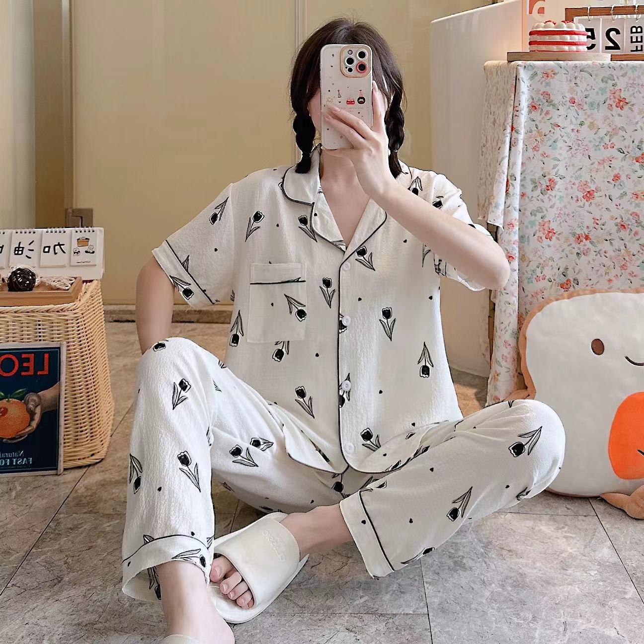 Pajamas de espuma tejidos de verano de algodón pantalones largos de mangas cortas ropa para el hogar de verano delgada de algodón conjunto de dos piezas