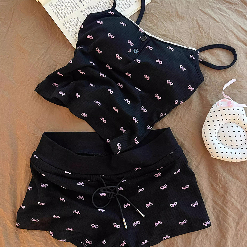 Bow Print Pure Desire Pajamas Women's 2025 Spring and Autumn New Sexy Sling Shorts Three-Piece Suit Home Clothes