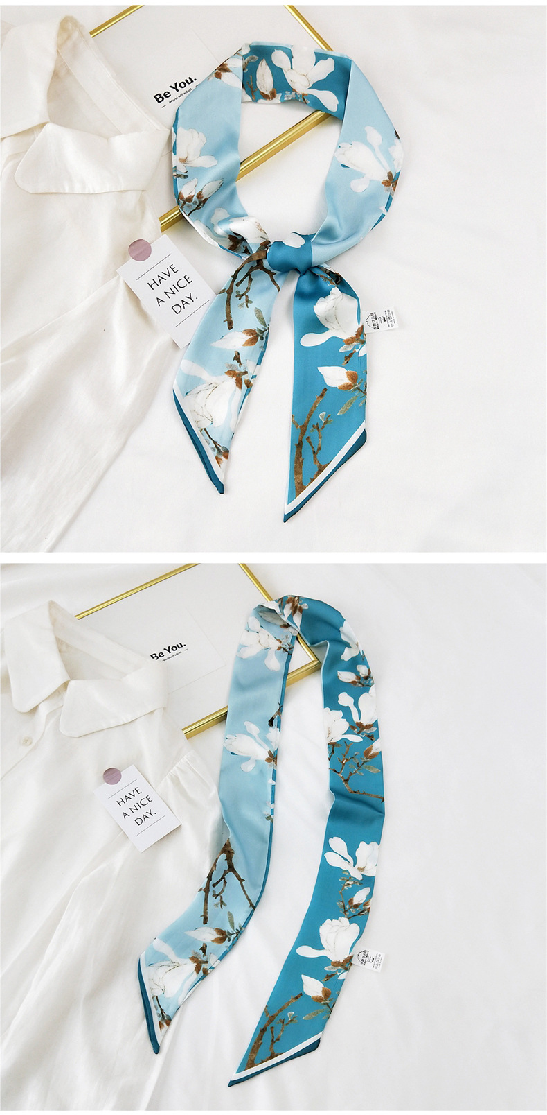 30g Weight Silk Scarf Classification Travel Occasion Unisex Gender Sweet Style White, Red, Green, Blue, Gold Color New Long Korean Style Fashion Printing Silk Scarf 8