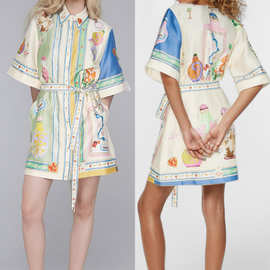 跨境2025欧美外贸女装亚马逊翻领短袖印花衬衣开衫时尚连衣裙