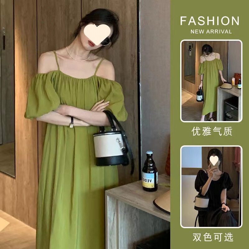 2025 New Shoulder French dress High-end Summer Loose Strap Shoulder Short-sleeved Green Long Dress for Women
