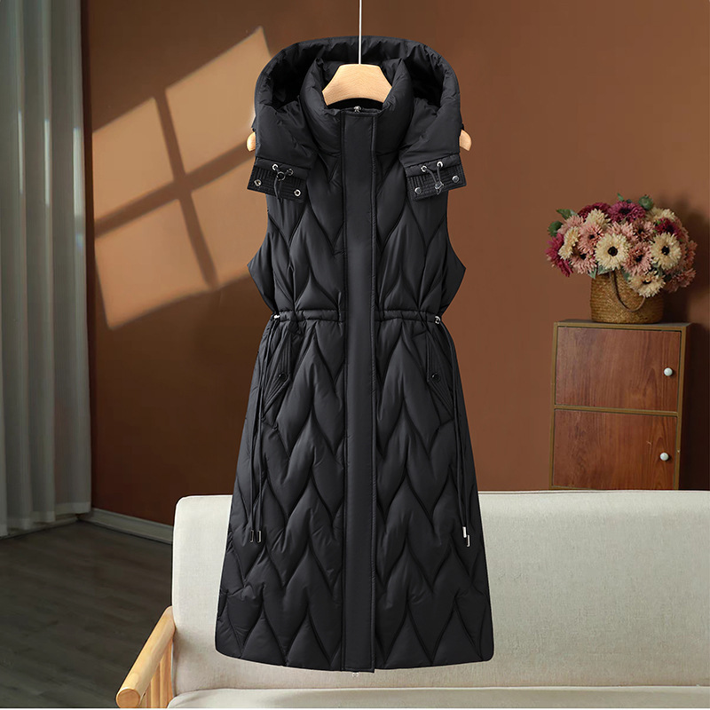 Long Women's Cotton Vest Women's Autumn and Winter Mid-Length Korean Style Hooded down Cotton Vest Large Size Thickeneded Waistoutwear Jacket