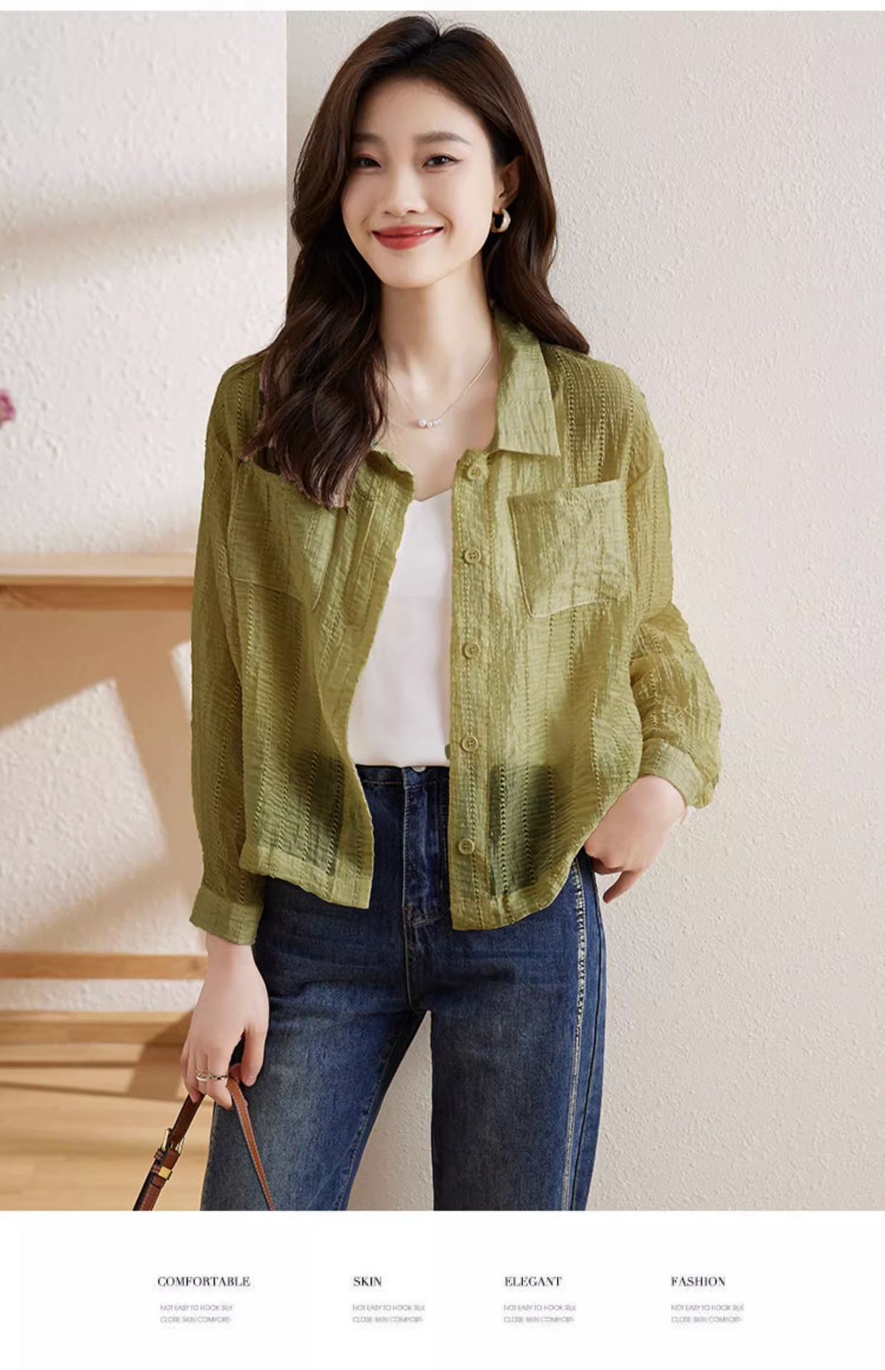 Áo khoác chống nắng nữ dáng dài tay dài xếp ly nhẹ — Màu xanh lá chi tiết 4