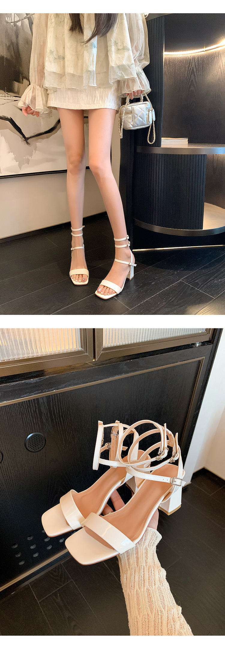 Sandal cao gót nữ quai ngang hở mũi mũi vuông gót vuông — Màu đen chi tiết 22
