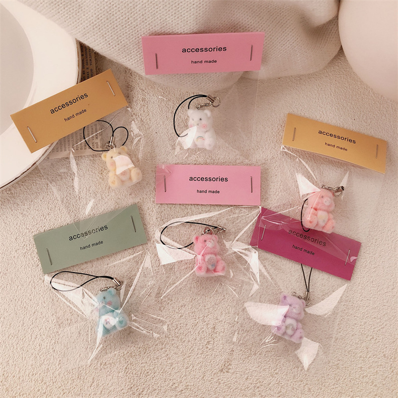 Colgante de oso de dibujos animados tridimensional flocado, cordón de niña linda, bolso de estudiante de felpa, colgante de bolso, colgante de teléfono móvil