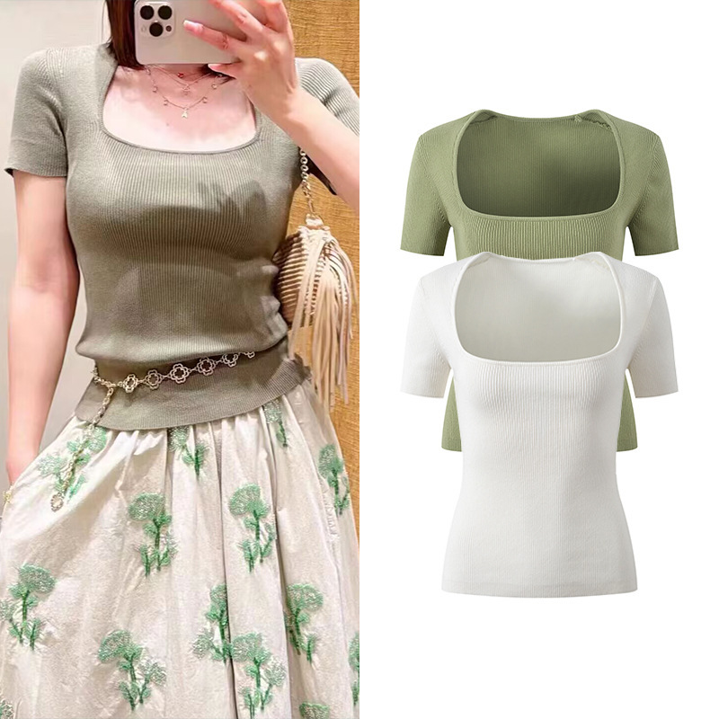 2026 Spring and Summer New Style U-Shaped Neckline Fashionable Casual Versatile Slim-Fitting Short-Sleeved Knitwear T-Shirt Top
