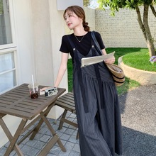 气质小众设计感休闲条纹背带裤女2025年夏季新款短袖阔腿裤两件套