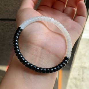 Jin Yu Tang Xinjiang Hetian Jade White Jade Black Green Straight Cut Bracelet Natural Light Photograph Selected Qinghai White Jade Black and White Matching