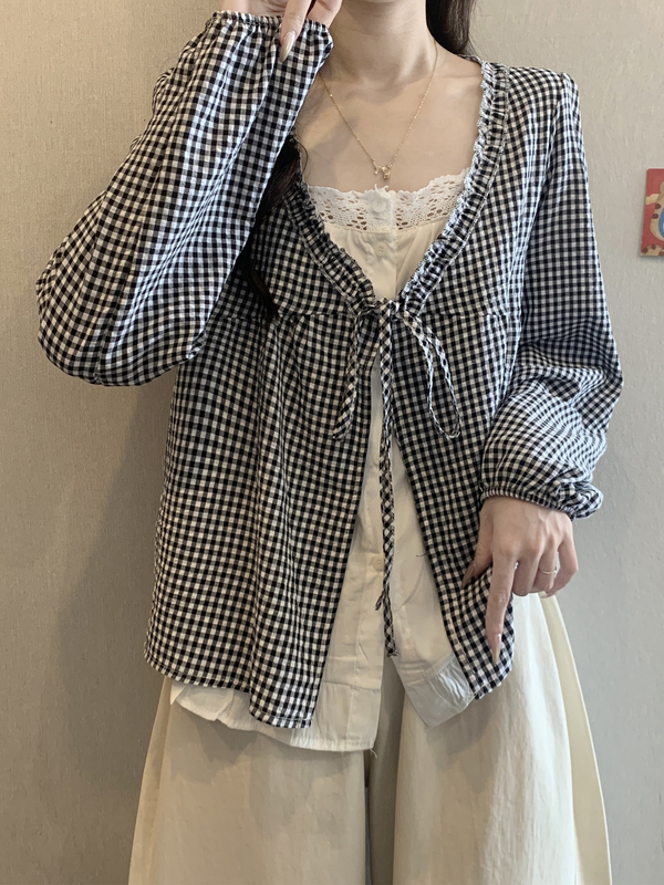 法式系带边V领长袖衬衫女秋季微胖大码设计高级感假两件减龄上衣|undefined