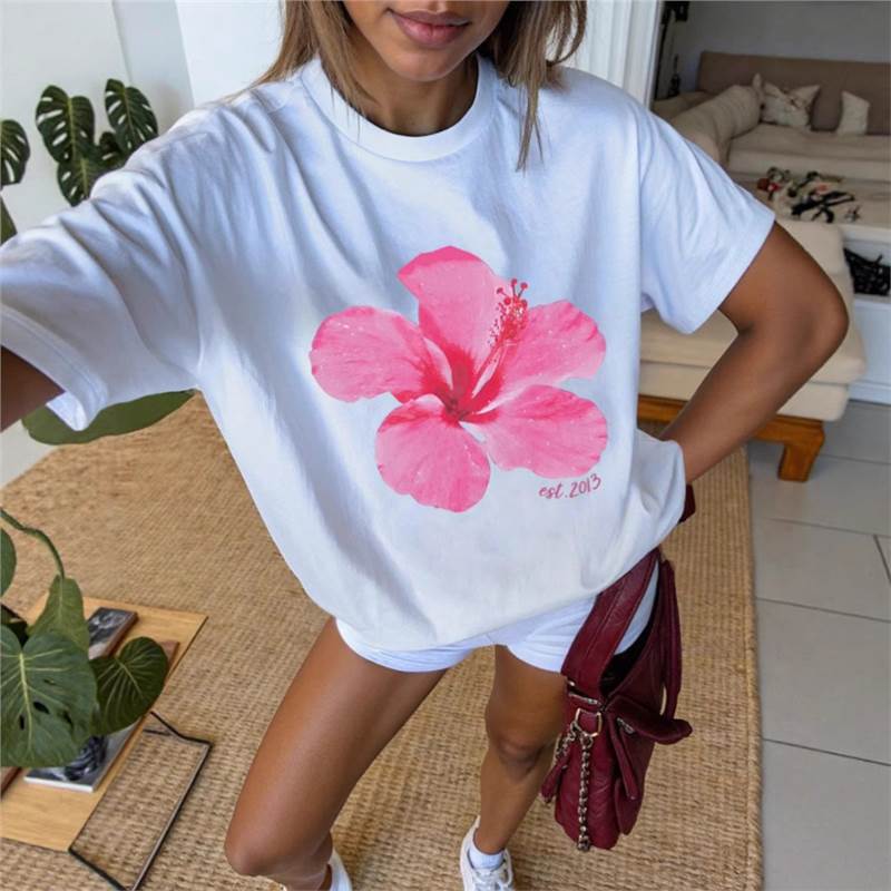 Shein Cross-Border Direct Supply 2025 Summer Hot Style Sweet Ins Style Peach Blossom Pattern Printed Round Neck Short-Sleeved T-Shirt