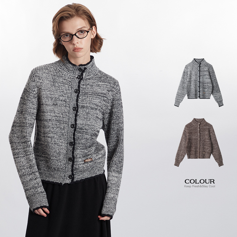 HeyHenry European and American Autumn Retro Short Sweater Cardigan Single-breasted Women's French Tweed Collar Jacket