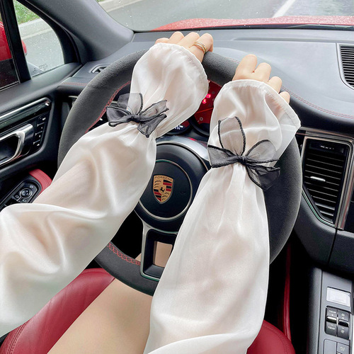 Bow ice silk sun protection sleeves for women in summer, UV protection for driving and riding, loose large size lantern sleeves for arm protection