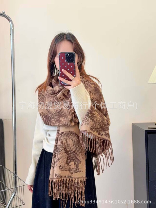 正确版本长双面仿羊绒围巾女D长须秋冬字母披肩加大保暖加厚黑灰|undefined