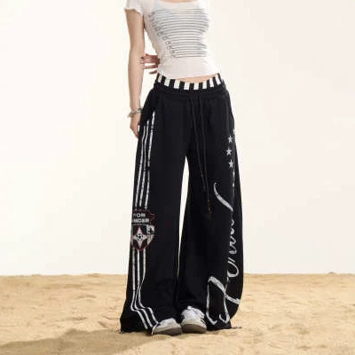American-Style Fun Sports Towel Embroidery Drawstring Cargo Pants for Women, Plaid Versatile Casual Pants, Pleated Wide-Leg Pants, Trendy