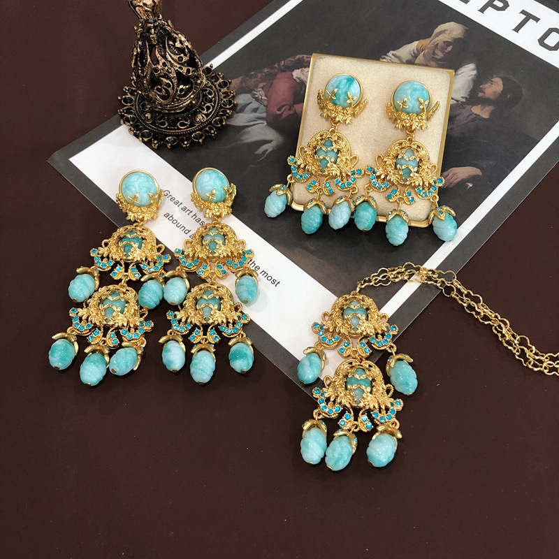 Earrings, Necklace Classification Retro Geometric Alloy Plating Artificial Gemstones Women's Earrings Necklace