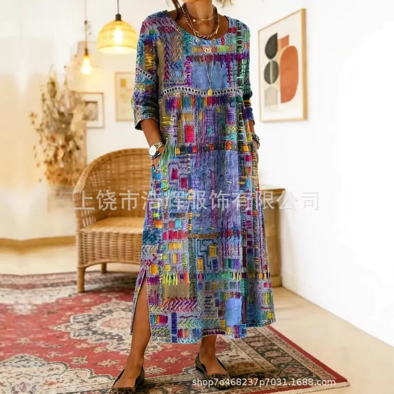 2026 European and American Independent Fashion Website New Long-Sleeve Dress, Vintage Elegant Slim-Fit Dress, Round-Neck Floral Long Dress