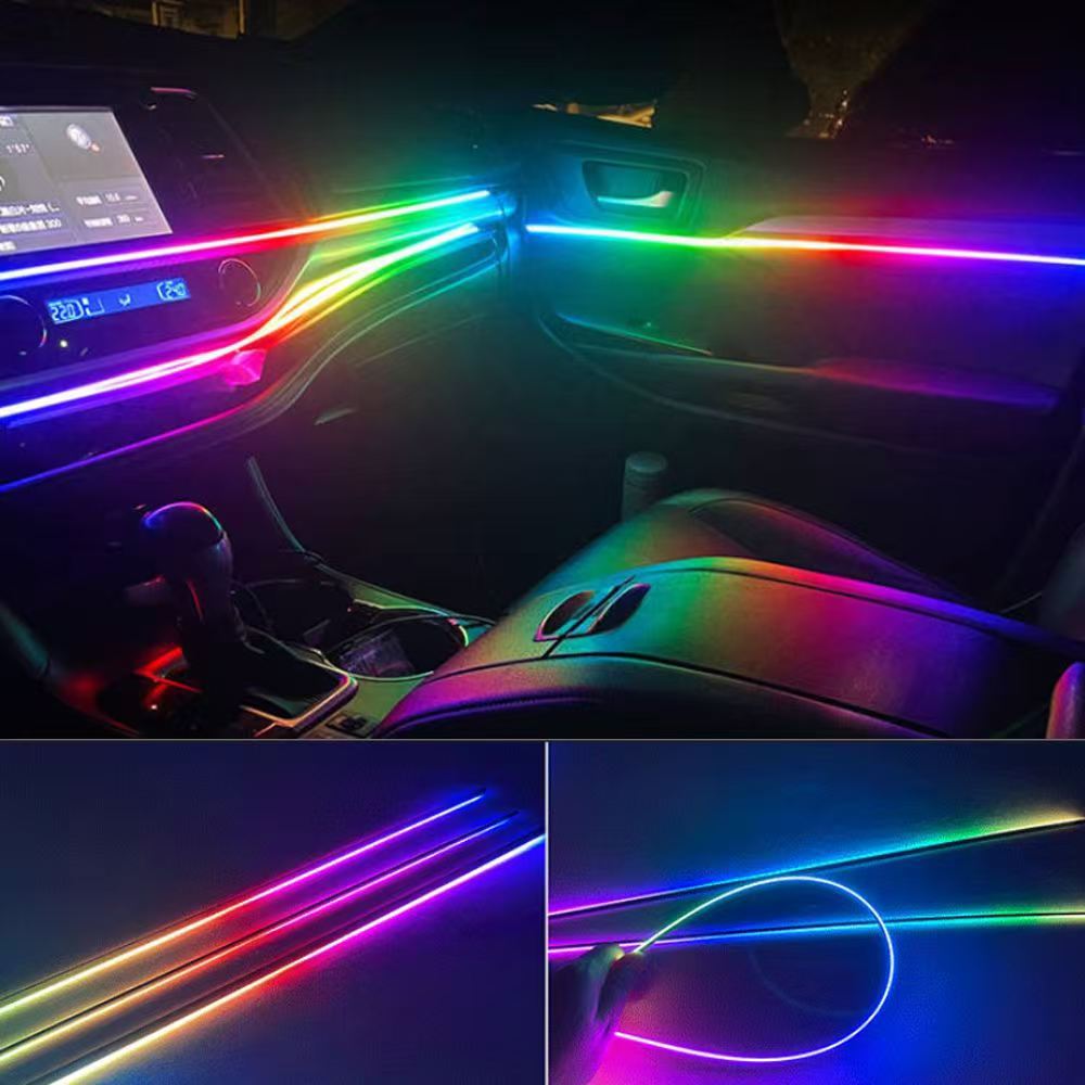 Lámpara de atmósfera LED automotriz controlada por voz tipo flujo de luz brillante colorido montado en automóviles 64 colores ocultos tipo lámpara de atmósfera de inducción interior