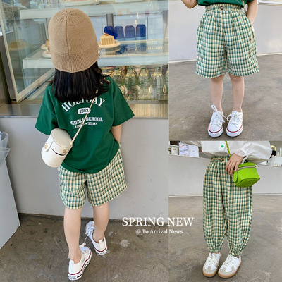 2022 Summer wear girl new pattern Children's clothing children Korean Edition leisure time shorts Children lattice trousers baby Ankle banded pants