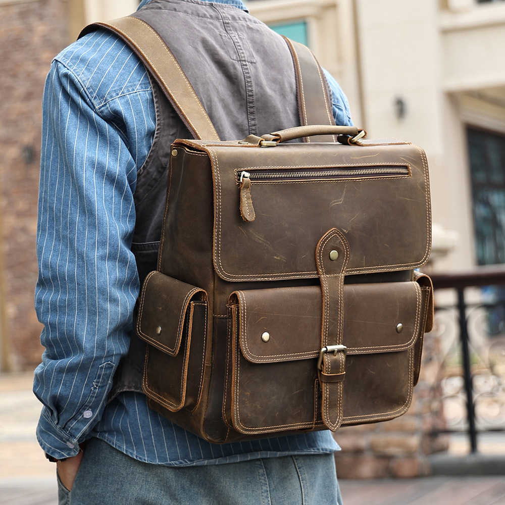 Custom-made Genuine Leather Men's Backpack, Vintage Cowhide Commuter Bag, Large-capacity Casual Travel Bag_voghion.com