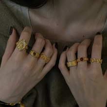 中古vintage宫廷风金色贝母浮雕戒指轻奢复古高级感开口设计指环