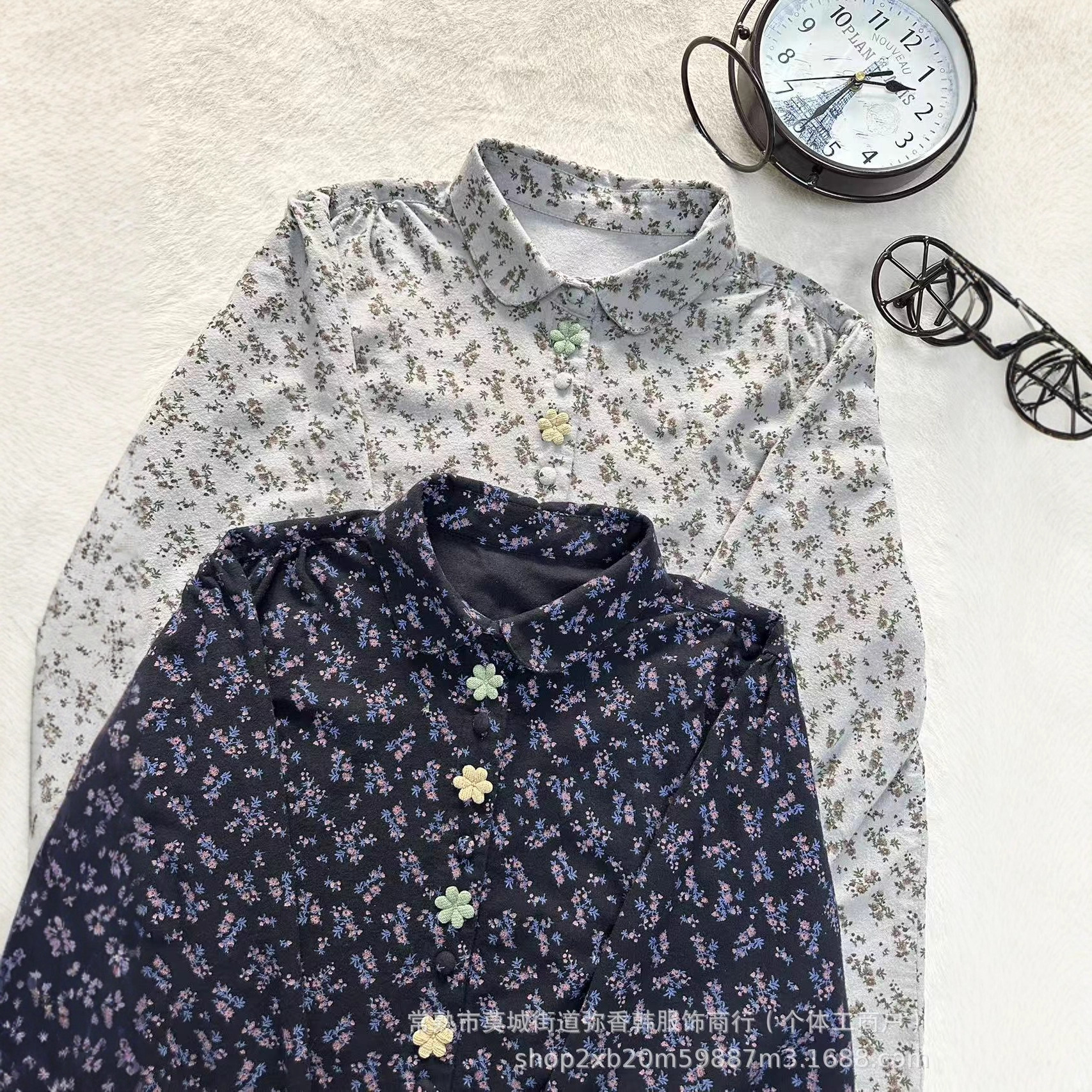 舒适棉质磨毛清新小碎花娃娃领长袖衬衣女装秋季新款森系打底衬衫