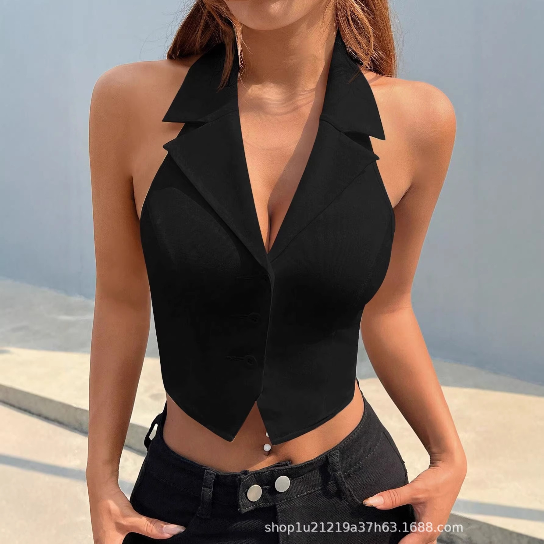 European and American Women's Clothing Cross-Border Summer New Sexy Fashion Casual Slim Halterneck V-Neck Vest Vest Top Short Style