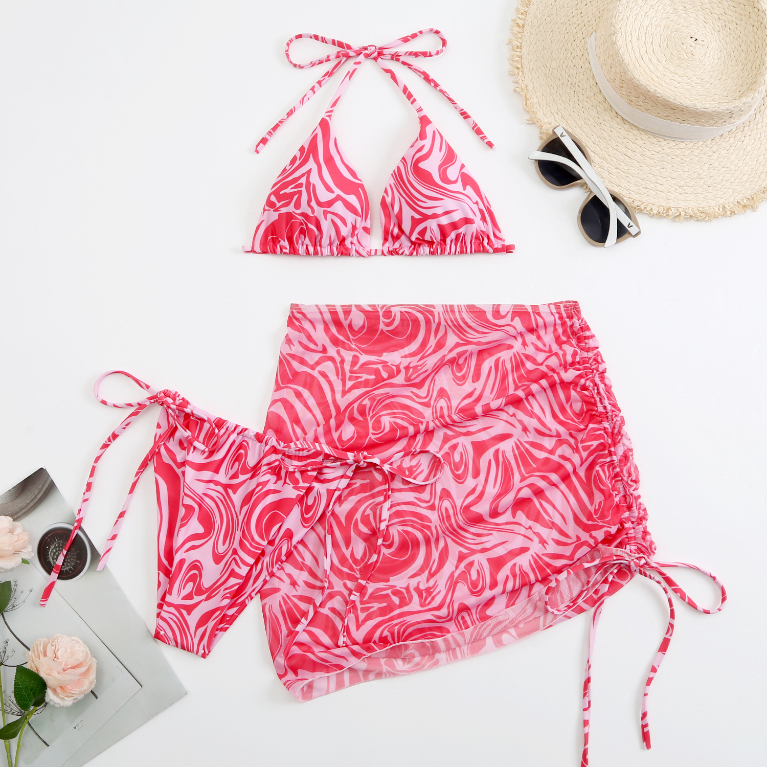 Printed Halterneck Drawstring OpenBack 3pcs Bikini & Swimsuit Cover Up