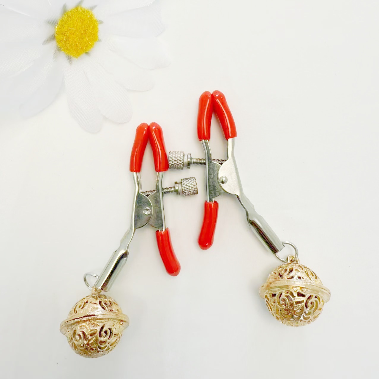 Nipple Clamps with Bell Pendant and Tassel, Red Silver Bell Design — detail image 5