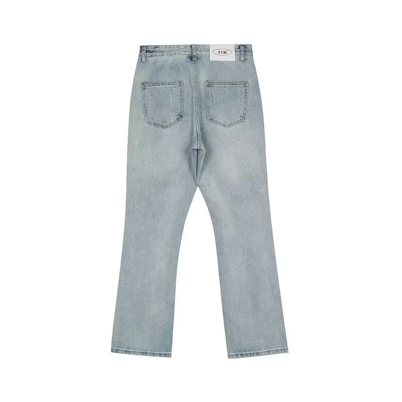 Men's High Street American Retro Washed Denim Jeans Loose Fit Slightly Flared Wide Leg Floor Length Slimming Blue Jeans_mkmklike.com