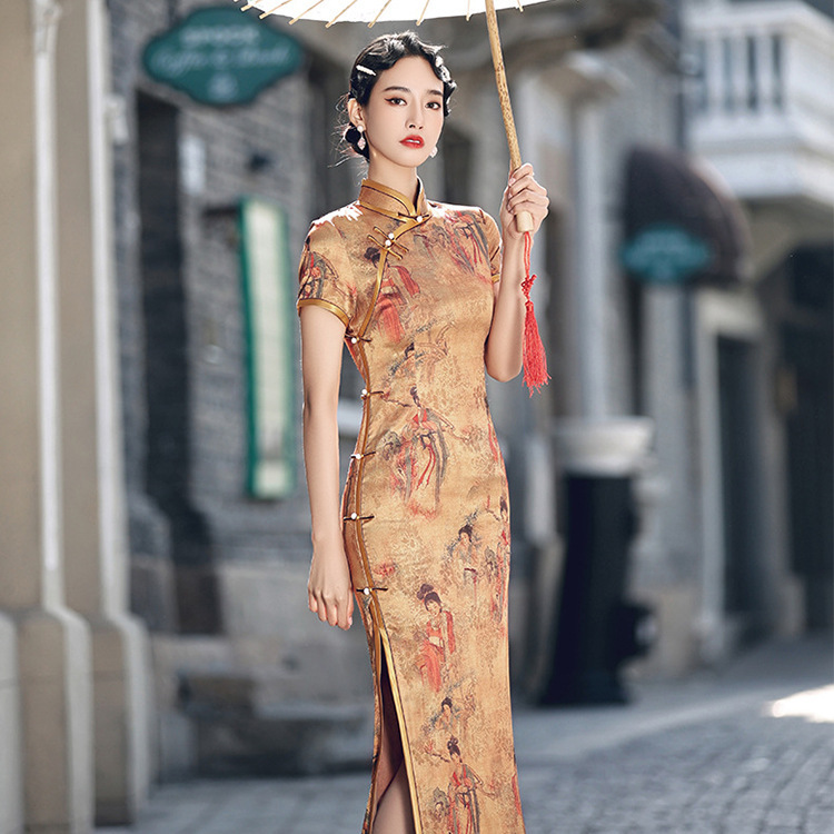 Chinese dresses for women printing retro oriental qipao cheongsam dress beauty pageant car model catwalk banquet stage performance cheongsam