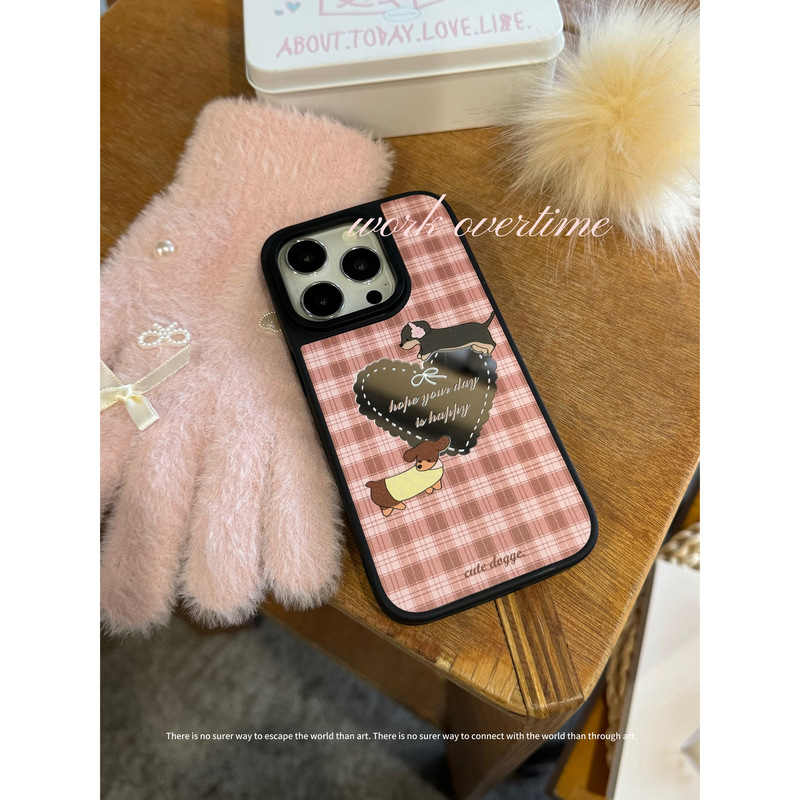 Black Frame Mirror Plaid Heart-Shaped Cute Doodle Apple 17 Pro Max Phone Case Cute Puppy Hard Anti-Drop