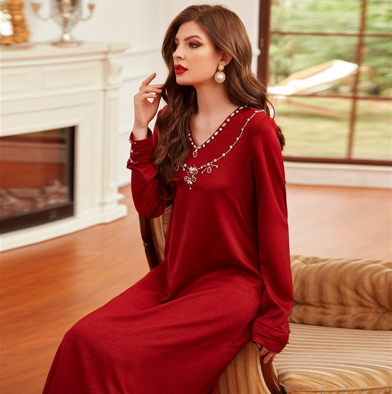BA9006 acetate velvet satin burgundy hand-stitched glass rhinestone robe long sleeve dress BA9006 acetate velvet satin burgundy hand-stitched glass rhinestone robe long sleeve dress