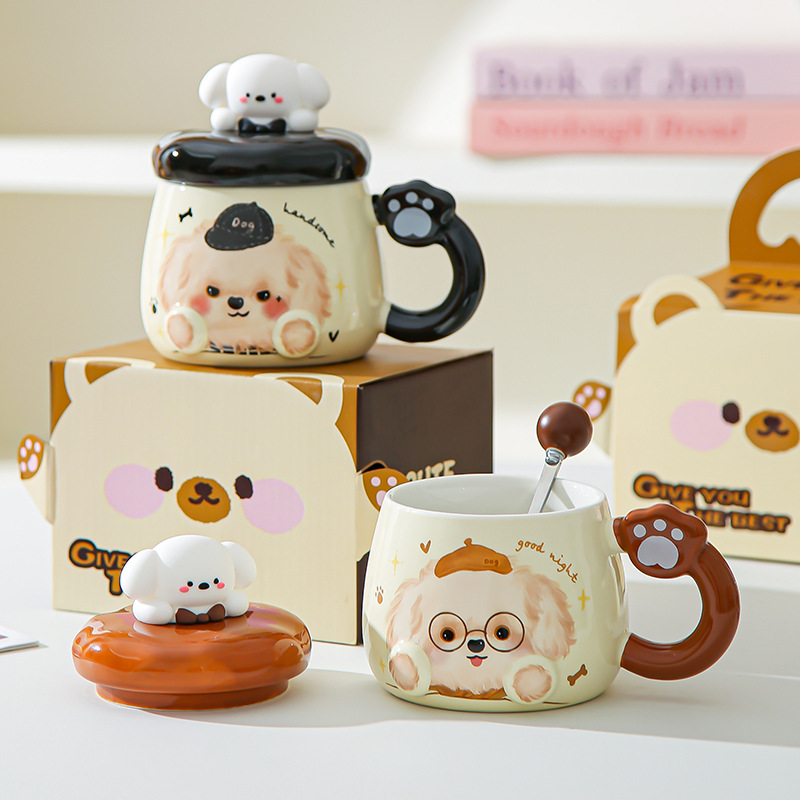 Taza de cerámica de alto valor nominal ins para cachorros con tapa para casa encantadora pareja taza de café para desayuno para acompañantes taza de regalo