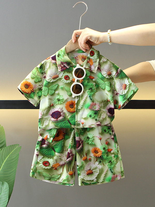 7874 traje de manga corta de verano para niños 2025 nueva camisa para niños de dos piezas ropa de vacaciones de verano para bebés de moda image 1